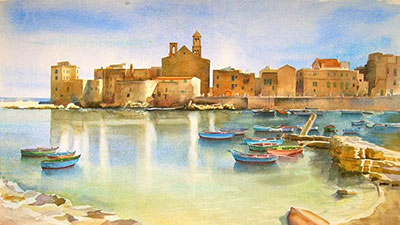 watercolor of italian waterfront